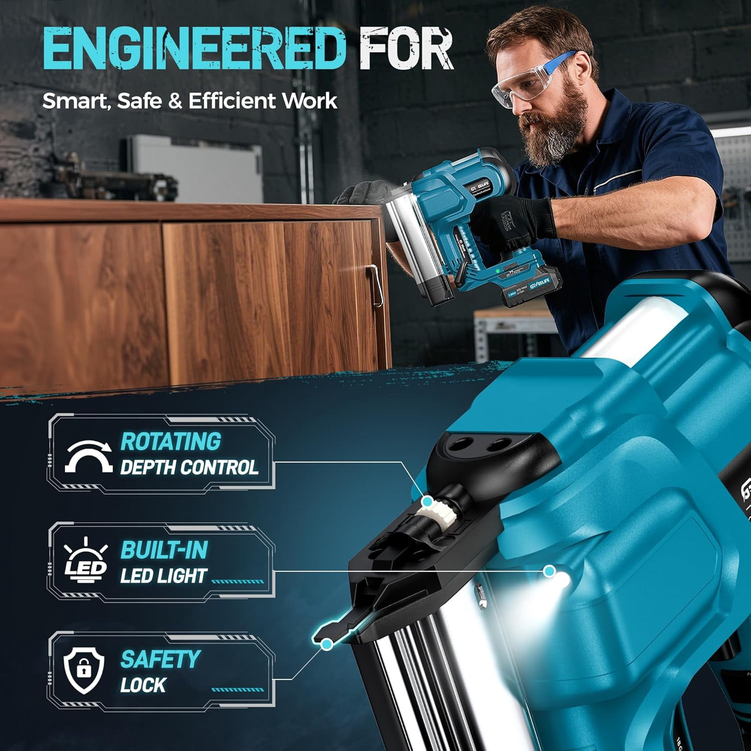 GEVEELIFE Cordless 2" Brad Nailer with 2×2.0Ah Batteries – 2-in-1 18G Nail Gun & Staple Gun, Battery-Powered, 1000 Nails Included, Adjustable Depth, 2 Modes for Wood Carpentry - Dark Blue