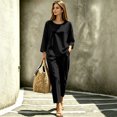 thumbnail image 5 of Women's Solid 2‑Piece Outfit Set, Round Neck 3/4 Sleeve Top & Cropped Ankle Pants, Casual Linen Look Loungewear for Everyday Street Wear，Travel Airport Outfits 2026,Black,2XL, 5 of 5
