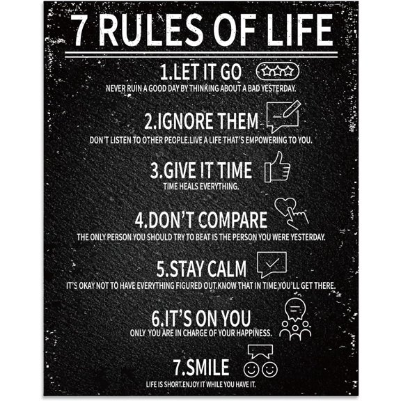 1 Pc Inspirational Quote Poster Paper Black 7 Rules of Life Wall Art Unframed Positive Quotes Art Print Motivational Wall Decor for Home Classroom Office Dorm 35x28cm