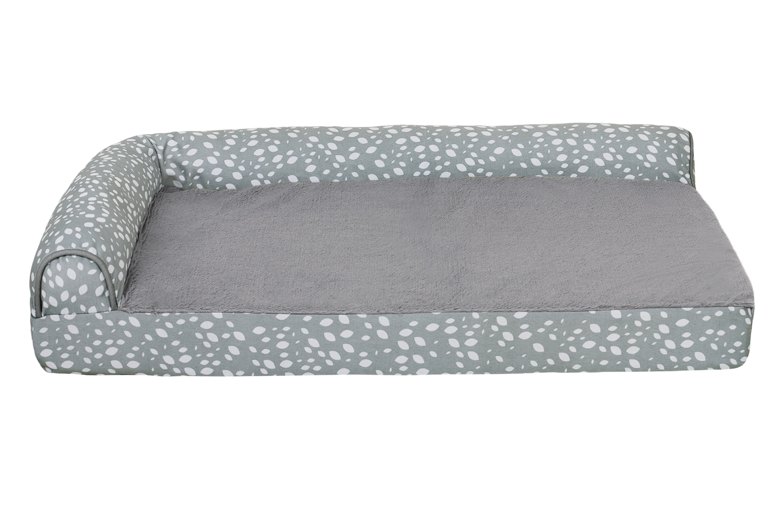 FurHaven Pet Products Plush Faux Fur & Almond Print Orthopedic Deluxe L-Chaise Sofa Pet Bed for Dogs & Cats - Gray Almonds, Medium