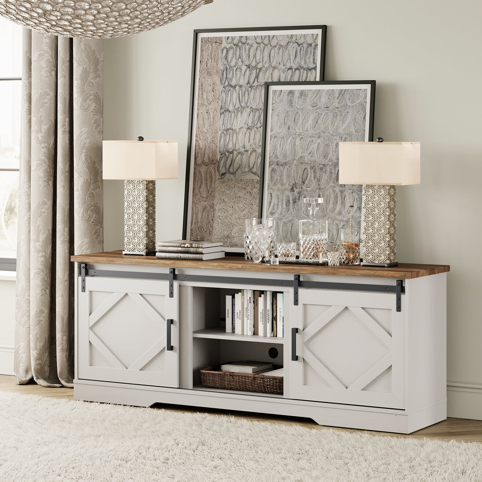 WAMPAT Farmhouse TV Stand with Sliding Barn Door for 75" TVs, Entertainment Center with Adjustable Shelf and Storage Cabinets, Media Console Table for Living Room,Hallway,Cream White