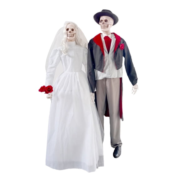 Haunted Hill Farm Red LED Plug-in. (5.9V) Undead Bride & Groom Halloween Animatronic 6.1-ft.