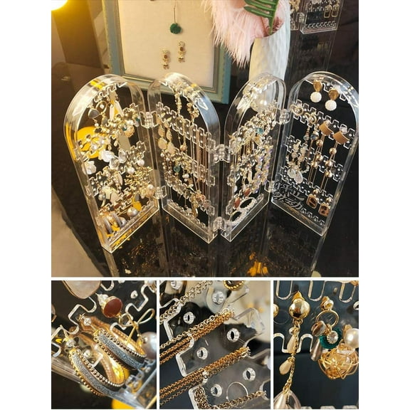 Cq acrylic 256 Holes Acrylic Earrings Holder for Women,4 Doors Foldable Screen Necklace Display Rack,Hanging Jewelry Organizer Double Sided Stand Display,Clear