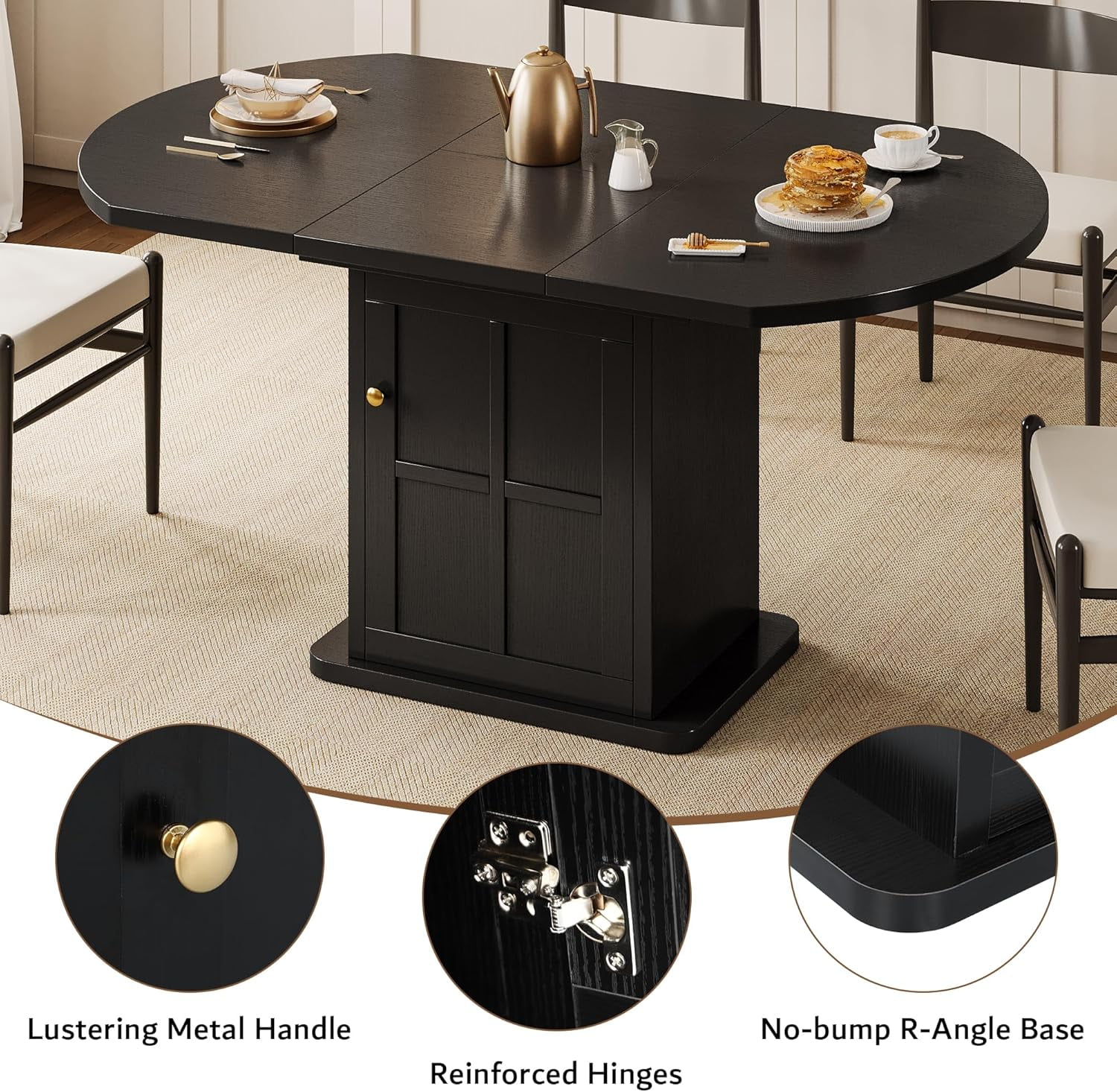 iPormis Extendable Round Dining Table for 4-6, 59'' Modern Kitchen Table with 2-Tier Storage Shelf, Wood Door, MDF Board, Space Saving Oval Dinner with Sturdy Pedestal Base, Kitchen, Dining,Black
