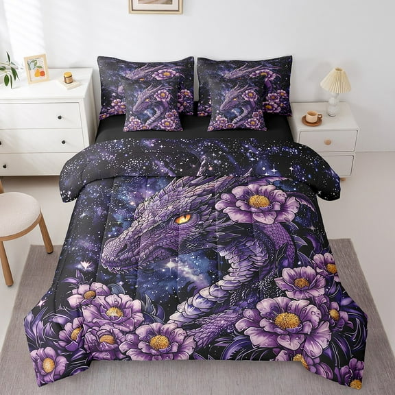 Erosebridal Western Purple Dragon Bedding Sets Twin Size,Chic Floral Comforter Sets with Sheets,Starry Sky Trippy Galaxy Bed in a Bag Twin Size For Youth,Microfiber Bedroom Decor Reversible,7-Piece