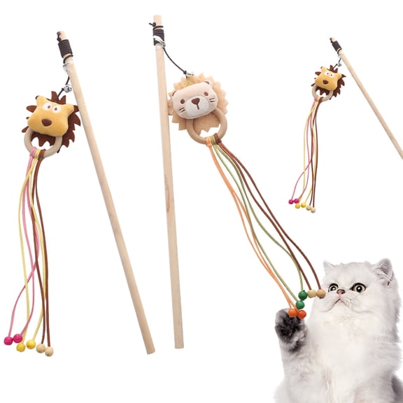 Walbest Cat Stick Toy Cartoon Lion Bear Interactive Play Toy Wood Wand Toy Cat Teaser Toy for Cat Kitten
