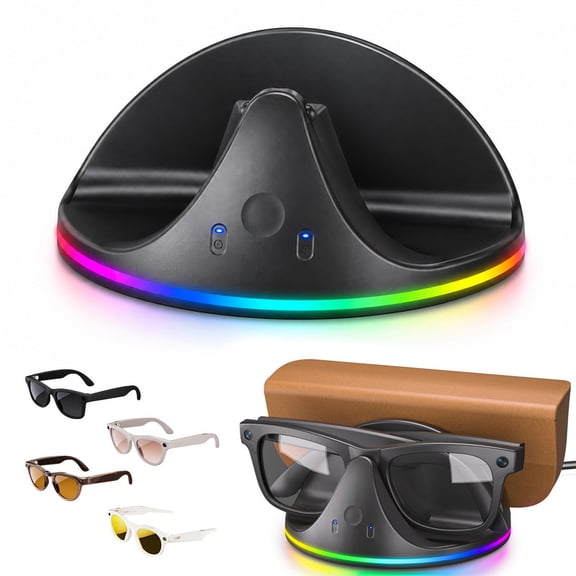 2-in-1 Charger Dock for Meta Glasses, RGB Charging Station for Wayfare/Skyle/Headlner/Oakey HSTN Glasses and Case, LED Indicator