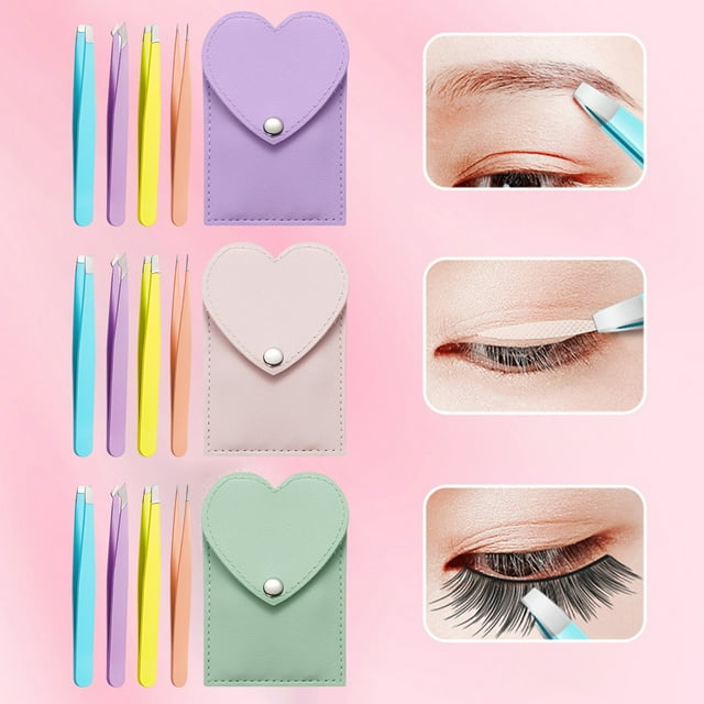 1 Set Eyelashes Tweezers Anti-Rust Easy to Carry with Storage Bag Oblique Mouth Design Multifunctional Makeup Accessory Stainless Steel Eyebrows Hair Removal Tweezer for Ladies