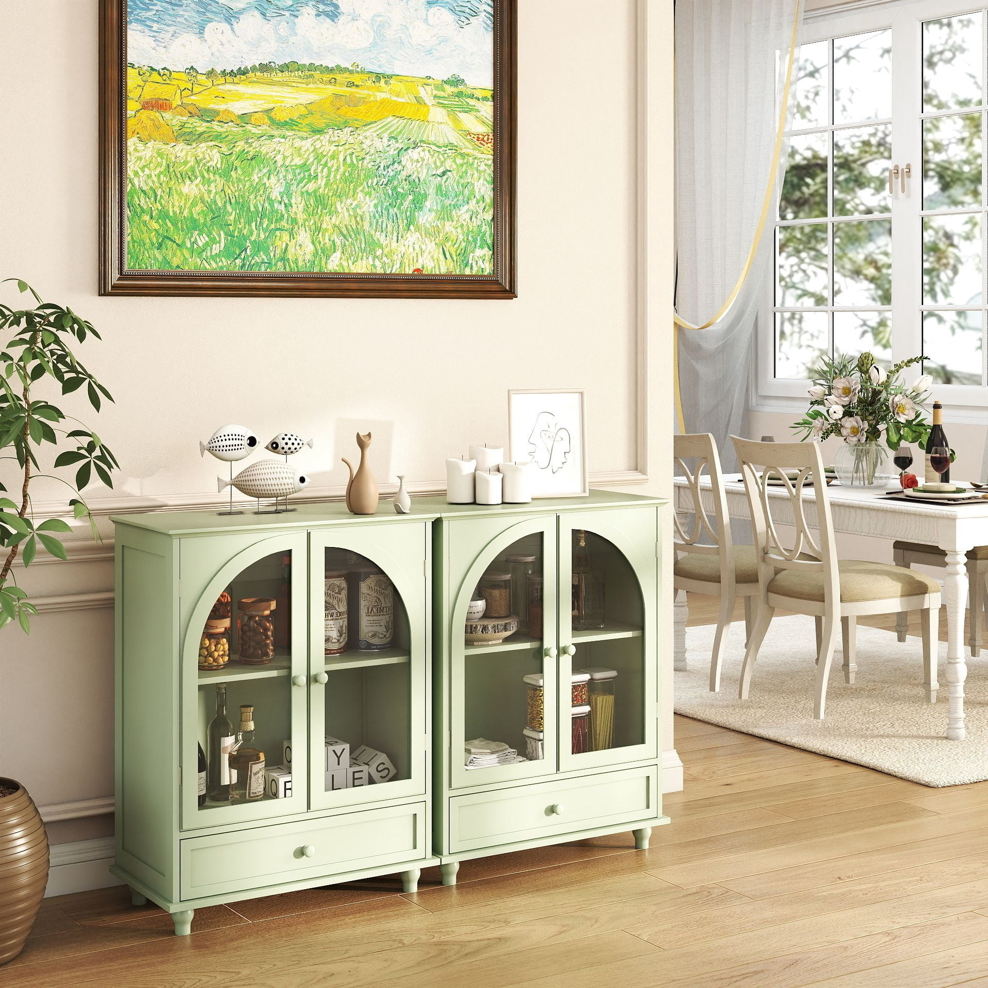 Farmhouse Sideboard with Double Arched Glass Doors, Green Storage Cabinet with Tiered Top & 1 Drawer for Kitchen, Living Room, Coffee Bar