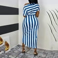 thumbnail image 3 of Ladies Sexy Slant Collar Off Shoulder Waist Striped Irregular Slit Dress, 3 of 6