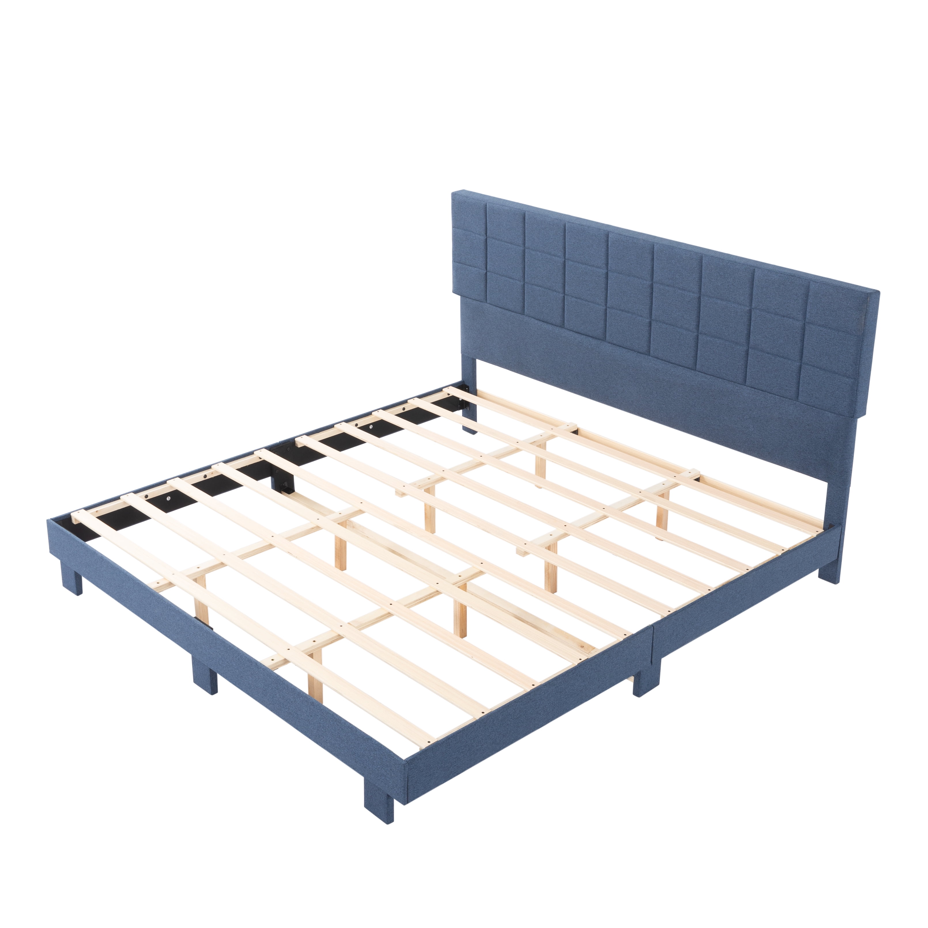 BSHTI King Size Modern Upholstered Platform Bed Frame with Linen Fabric Headboard, No Box Spring Needed,for Bedroom/Apartment(Blue)