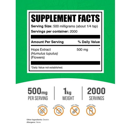 BulkSupplements Hops Extract Powder - 500mg per Serving - 1 Kilogram (2.2 lbs) - 2000 Servings