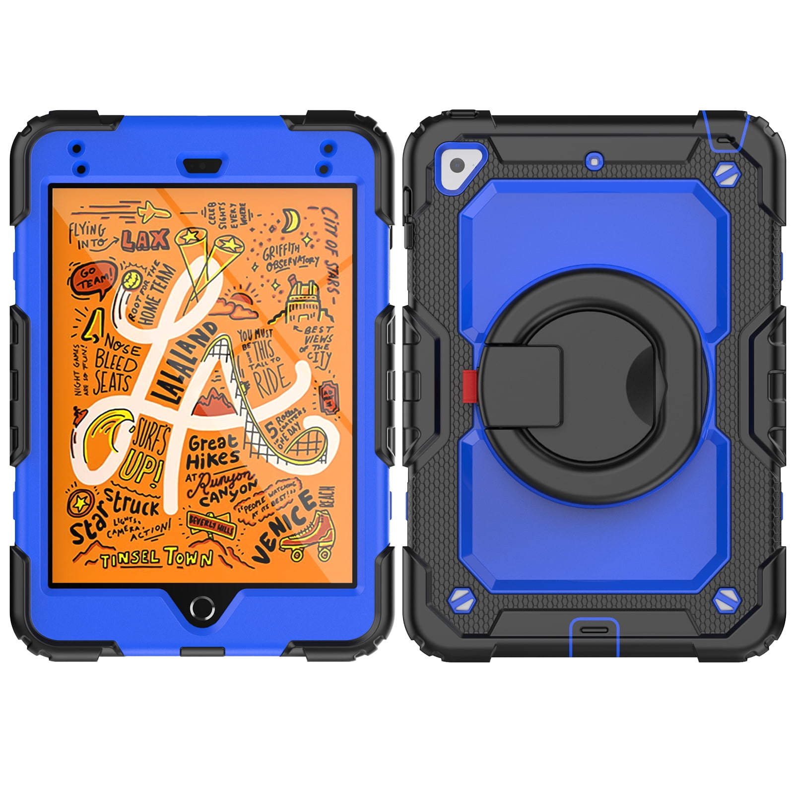 Dteck iPad mini 5 Case / iPad mini 6 Case with Built in Screen Protector, Child Proof Heavy Duty Shockproof Kids Case with Rotating Stand Handle Pencil Holder for iPad mini 5/4 7.9", Black + Blue