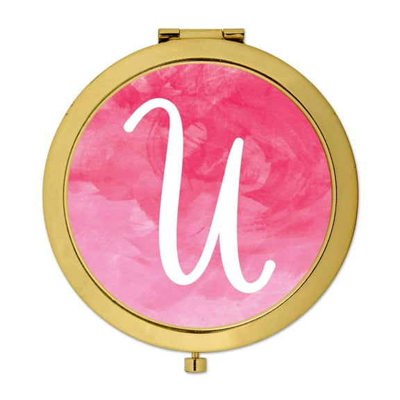Koyal Wholesale Gold Compact Mirror Bridesmaid's Wedding Gift, Blush Pink Watercolor, Monogram Letter U, 1-Pack