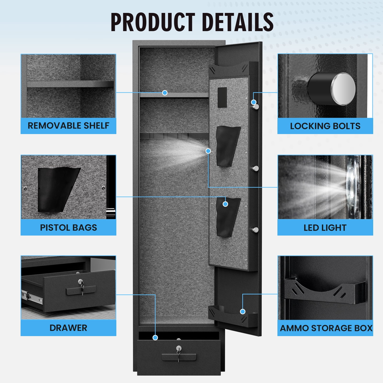 Silkight Gun Safe, 4-5 Digital Keypad Gun Safes for Home,Long Gun Cabinet for Handgun, Quick Access Gun Storage for Handgunand Shotguns,1 Compartments with Drawers,Adjustable Gun Support & Shelf