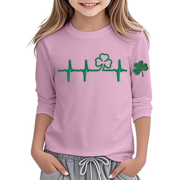 oqasdz Girls St. Patrick's Day Print Three Quarter Sleeve Graphic Tee Top for Kids Holiday Festive Party Breathable Cozy Durable Summer Dailywear