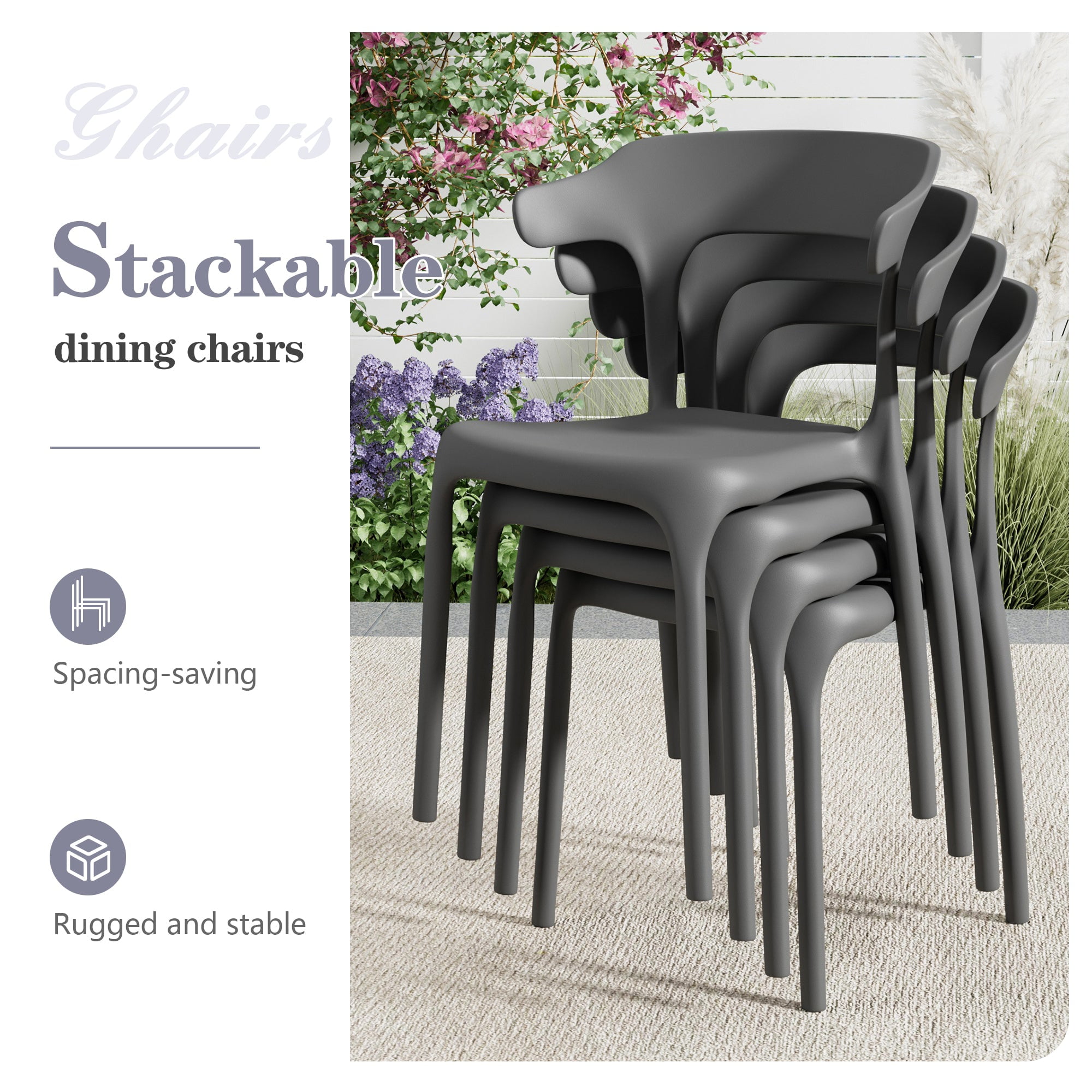 VECELO Stackable Patio Dining Chair Set of 4, Outdoor/Indoor Dining Chairs for Restaurant, Poolside and Garden, No Assembly, Grey