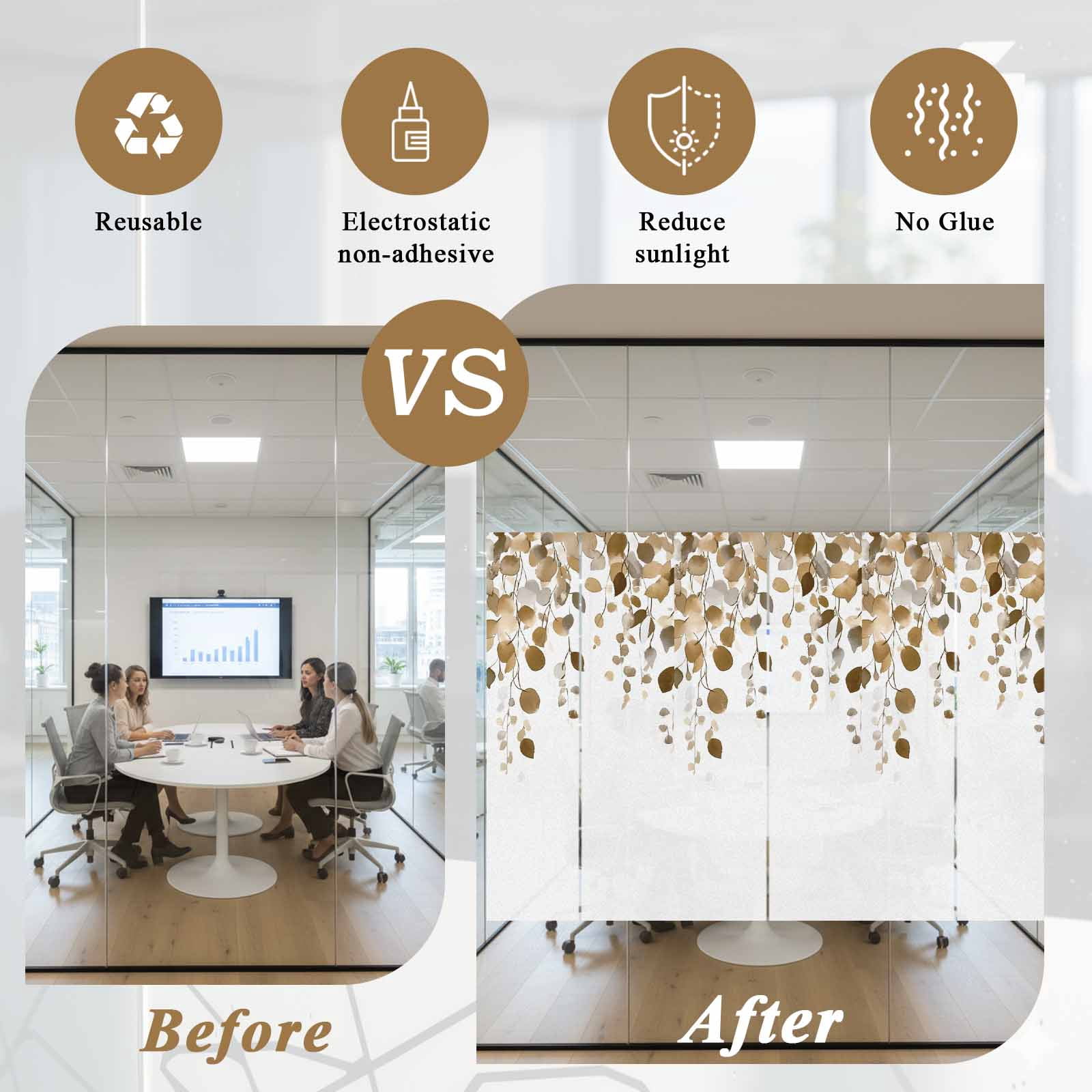 Brown Eucalyptus Leaves Window Privacy Film, Summer Watercolor Leaf Static Cling UV Sun Blocking Tint Film Heat Control Windows Films for Bedroom Bathroom, Window Stickers 23.6"x59"