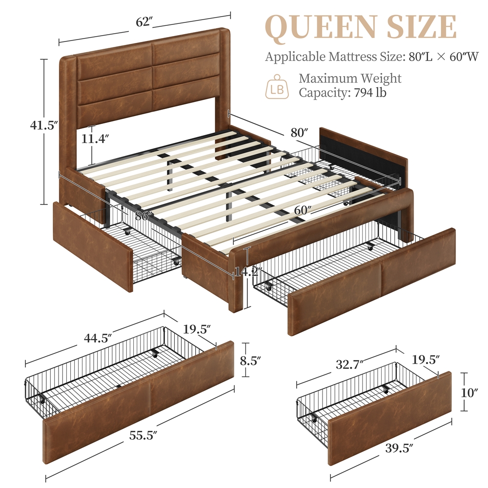 Yaheetech Upholstered Platform Bed Frame with Three Storage Drawers, Queen, Amber Brown