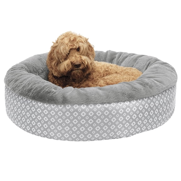 Furhaven Pet Products Plush & Diamond Print Calming Donut Pet Bed - Gray, Large