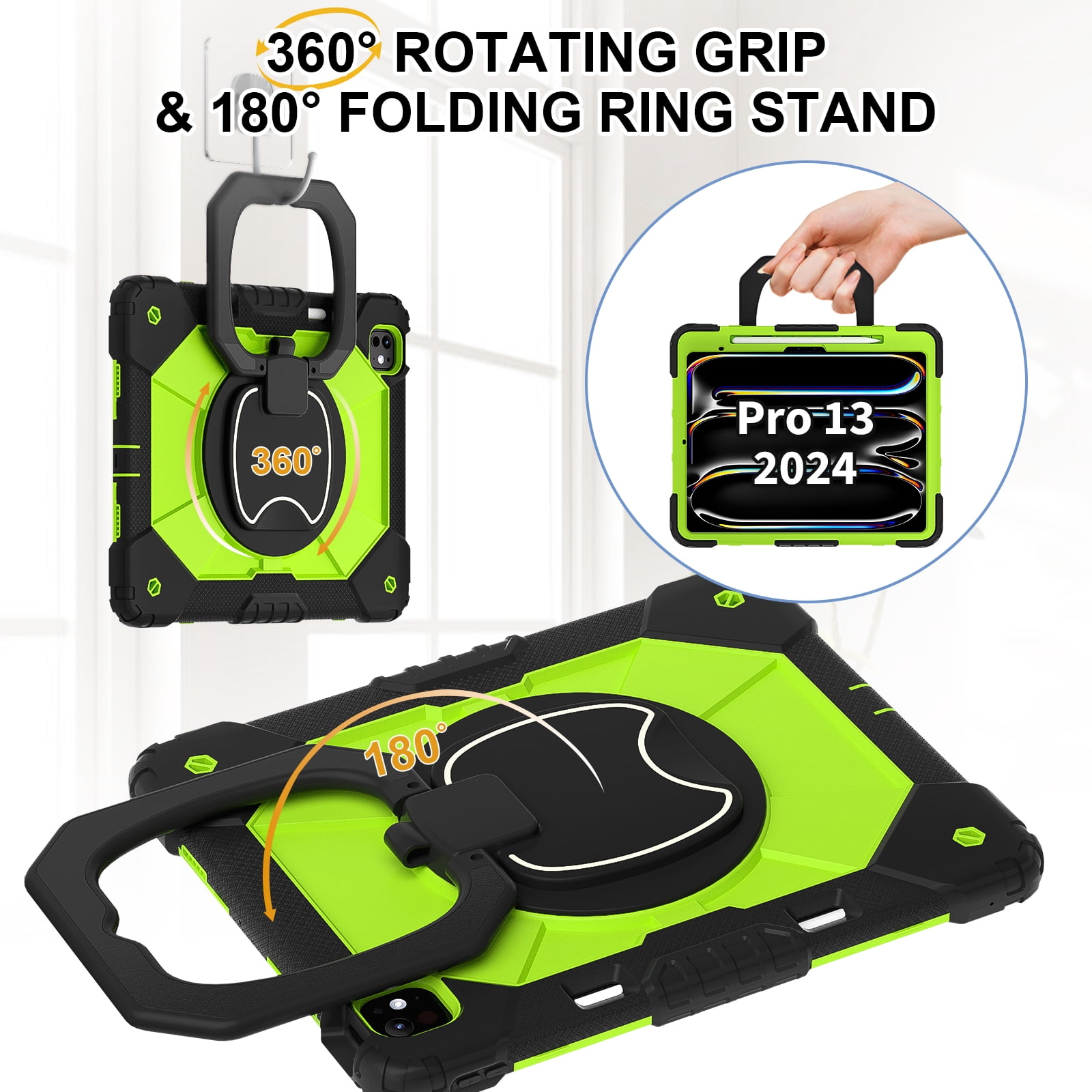 Decase Kids Case for Apple iPad Pro 13 13-inch (M5)(M4) 2025/2024,Shockproof Rotatable Stand Cover,Detachable Shoulder Strap,Rugged 3-Layer Tablet Shell with Pen Holder,Black+Green
