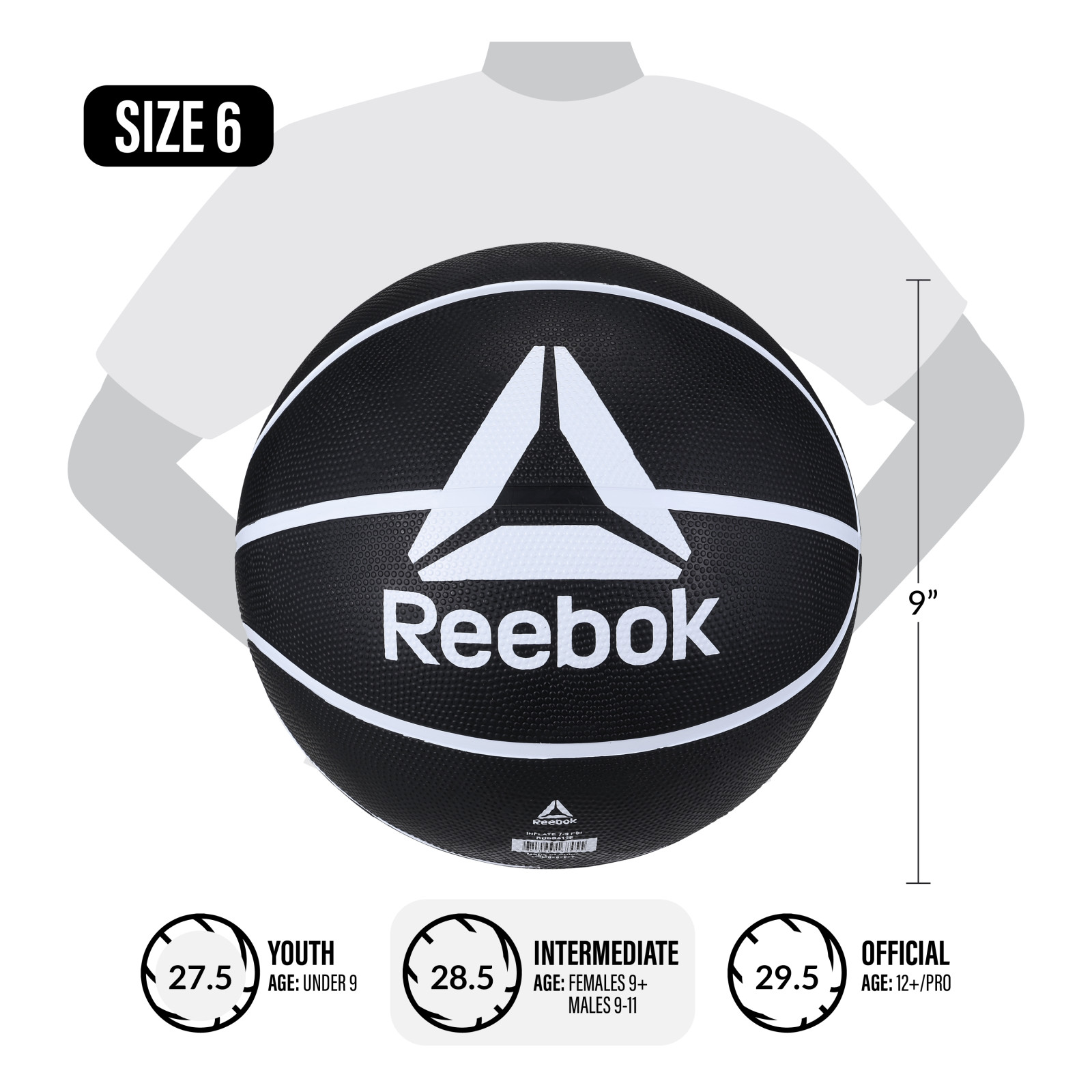 Reebok Size 6 Basketball with inflatable Pump - Durable Rubber Basketball for Indoor & Outdoor Play, Black – Official Size 6 Basketball for Adults and Teens