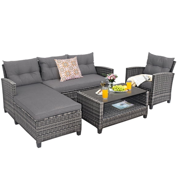 Costway 4PCS Patio Rattan Furniture Set Cushioned Loveseat Table Shelf Gray
