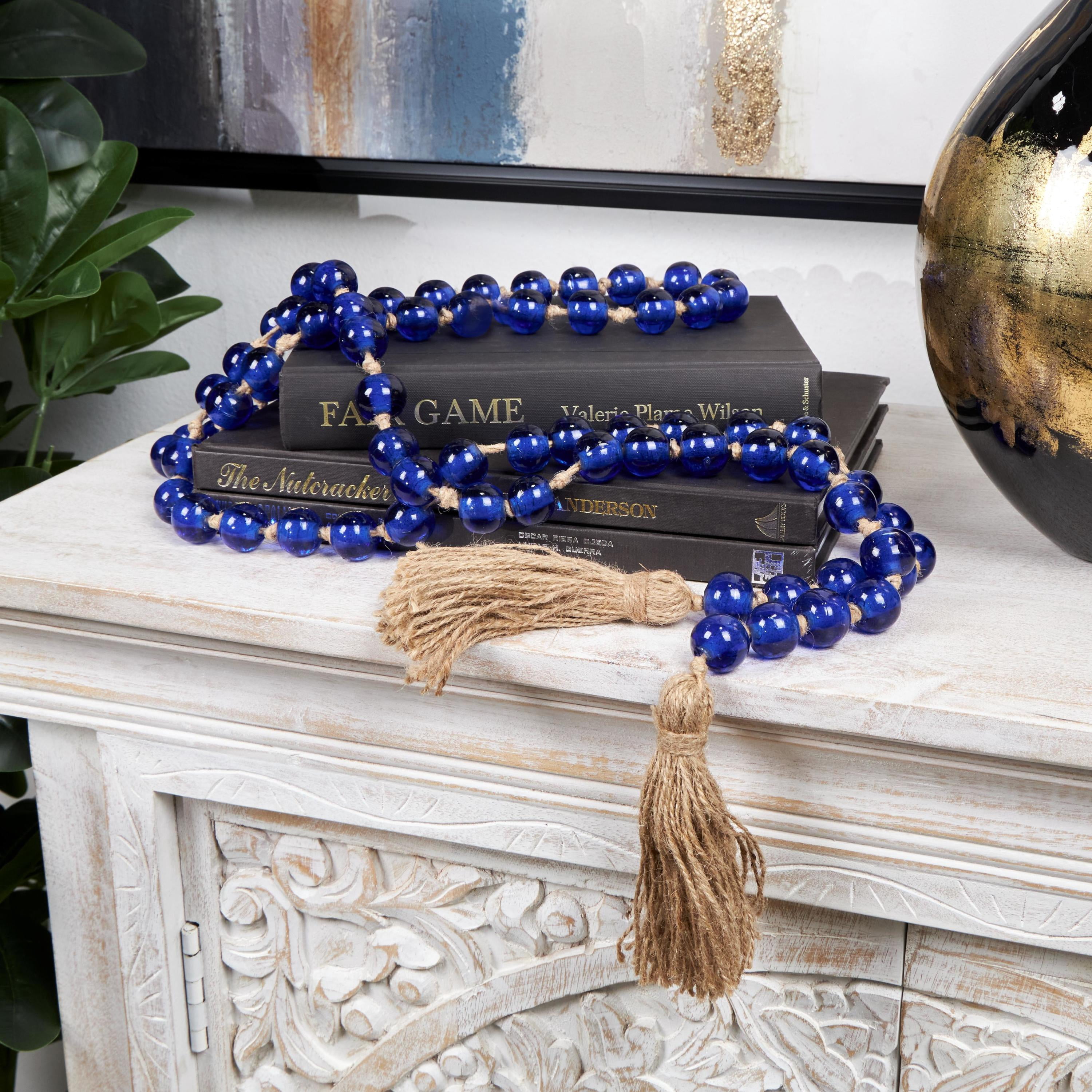 DecMode Handmade Round Long Blue Glass Garland with Tassel with Knotted Brown Jute