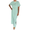 thumbnail image 1 of TSADFHJI Jupe en Jean Longue Motif Rayé Poche Latérale Robe T-Shirt Décontractée pour Femmes Manches Courtes avec Ourlet Fendu Col Rond Robe de Mode L Vert, 1 of 4