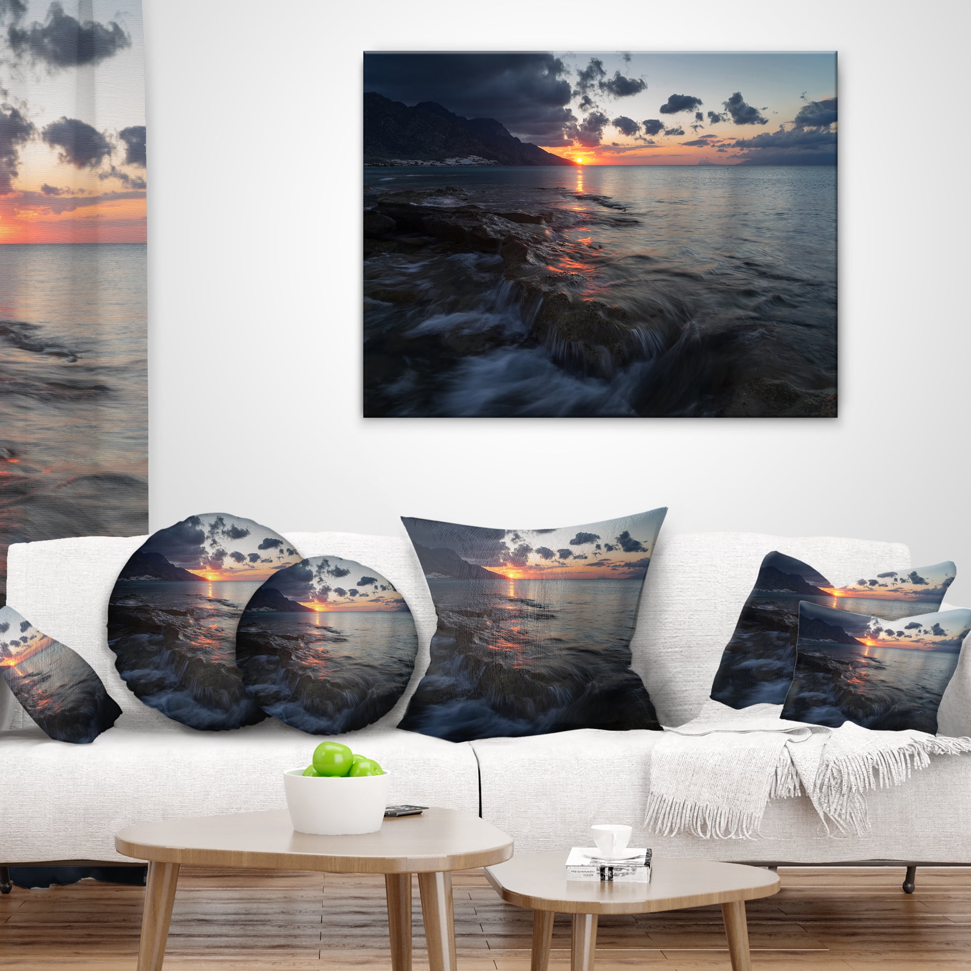 Designart Dark Mediterranean Beach Dawn - Modern Seashore Throw Pillow - 18x18