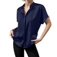 thumbnail image 1 of Camisa de manga corta de satén liso para mujer - Top elegante con cuello alto - Acabado satinado para ocasiones informales/formales - Tallas S-XL, 1 of 5