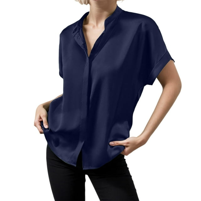 Camisa de manga corta de satén liso para mujer - Top elegante con cuello alto - Acabado satinado para ocasiones informales/formales - Tallas S-XL