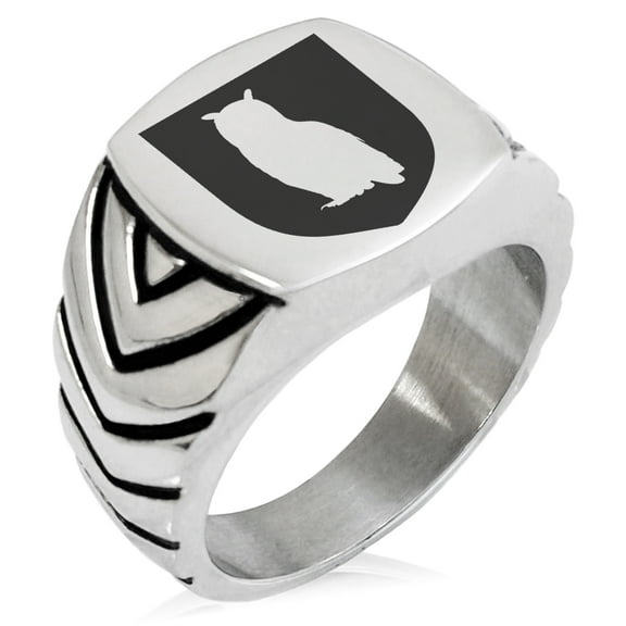 Stainless Steel Owl Wisdom Coat of Arms Shield Chevron Pattern Biker Style Polished Ring