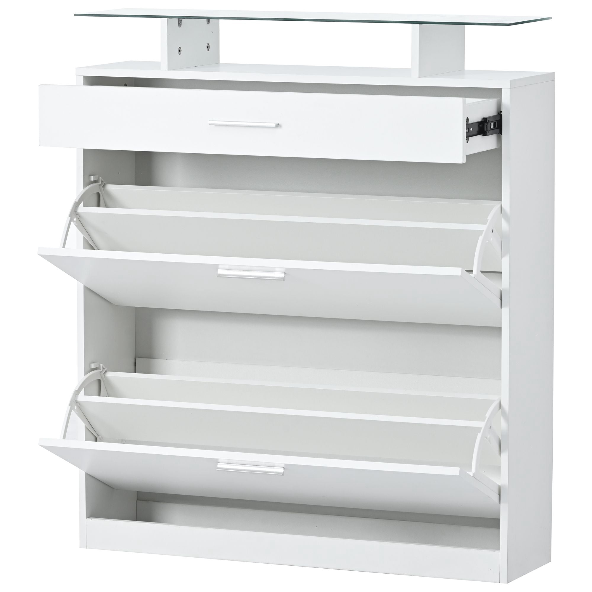 DEALTOPS Modern Freestanding Shoe Cabinet with 2 Flip Drawers and Tempered Glass Top with LED Light, Stylish Shoe Rack with Large Storage Capacity for Entryway - White