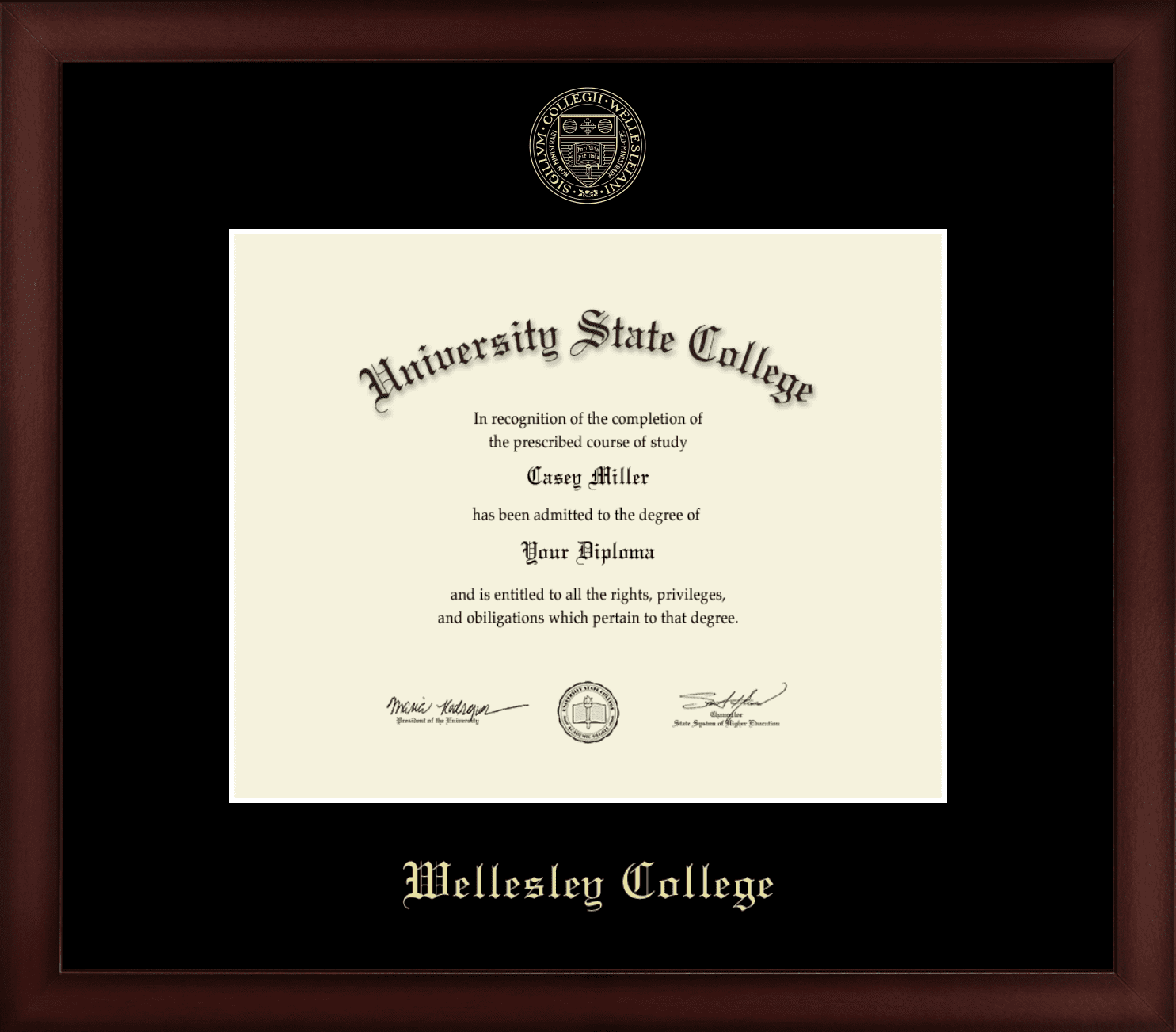 Wellesley College Diploma Frame, Document Size 10" x 8"