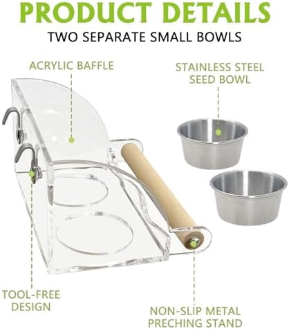 Bird Feeder for Cage with Double Stainless Steel Food & Water Bowls Anti-Slip Wood Perch Stand with No Mess Acrylic Seed Catcher for Parrot, Budgie, Parakeet, Lovebird, Canary, Finch (Hook)
