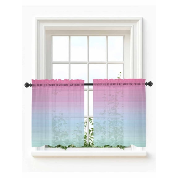 Pink Blue Ombre Striped Tier Curtains 24 Inch Length,Sheer Curtains for Bedroom Living Room Vintage Stripes Farmhouse Line Short Kitchen Curtains Drapes for Small Half Window 27.5"x24" 2 Panels