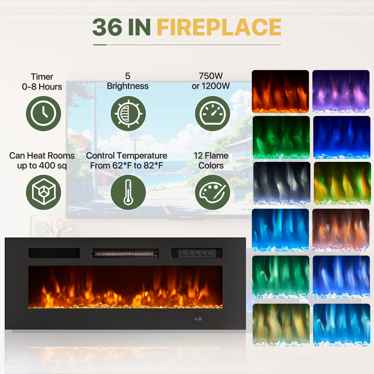 BaPiPro Floating TV Stand with fireplace for TV's up to 80", 70" Wall Mounted Floating Entertainment Center with LED Lights, Modern Fireplace TV Console for Living Room, Brown
