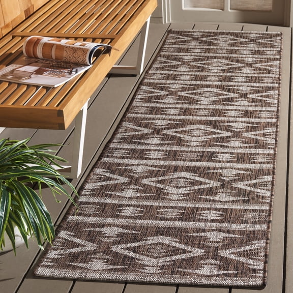SAFAVIEH Courtyard April Geometric Indoor/Outdoor Runner Rug, Brown/Ivory, 2'3" x 8'