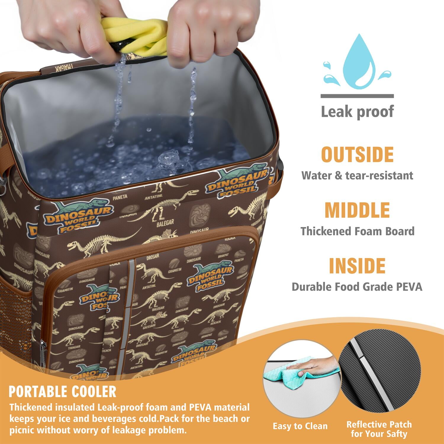 Travel Cooler Bag - Brown Cartoon Dinosaurs Fossils Pattern Camping Beer Cooler Backpack with Bottle Opener- Waterproof Insulated Picnic Backpacks - Cooler Bag for Beach