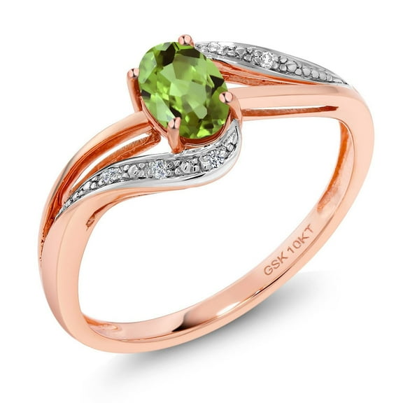 Gem Stone King 10K Rose Gold Green Peridot and Diamond Engagement Bypass Ring for Women | 0.54 Cttw | Gemstone Birthstone (Size 5)