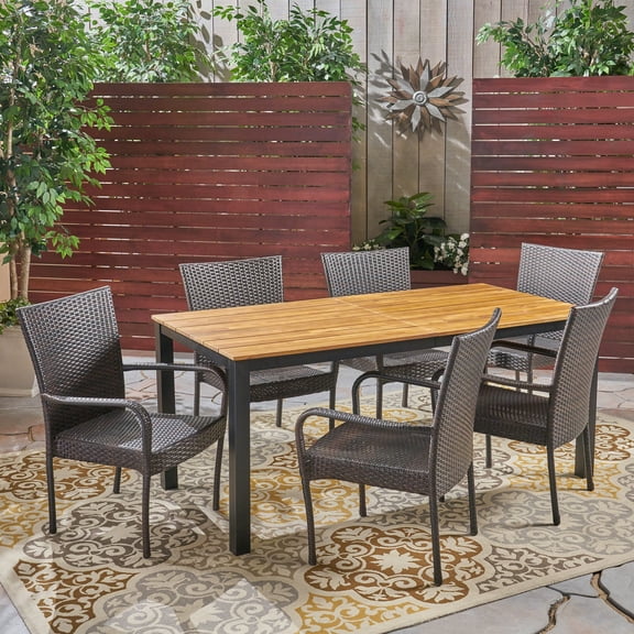 Kailani Outdoor 7 Piece Acacia Wood Dining Set with Stacking Wicker Chairs, Teak, Gray