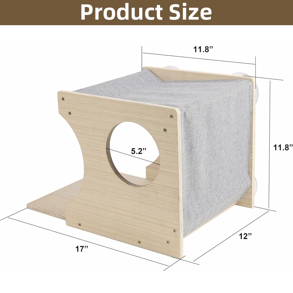 MIDODO Window Cat Perch, Sturdy Wood Cat Window Hammock with Heavy Duty Suction Cups, Cat Bed for Overlooking & Sleeping (Left)