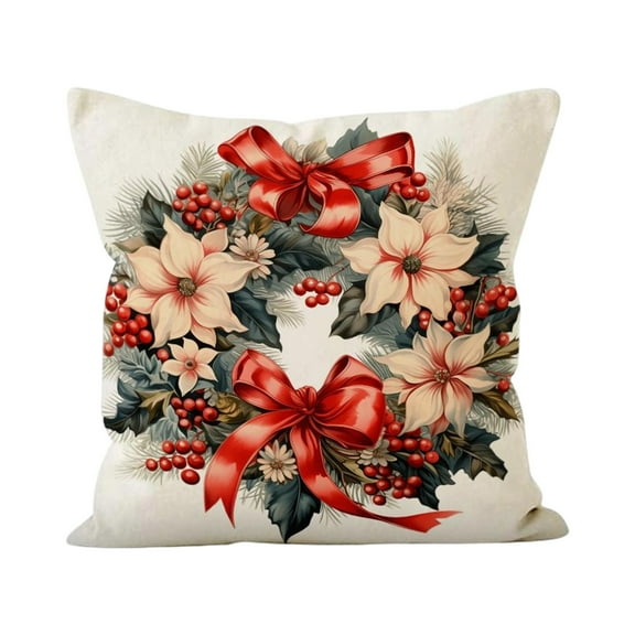 Christmas Pillow Cover, Santa Claus with Wreath String Lights Printed Linen Throw Cushion Case for Sofa Bed Holiday Decor(A)