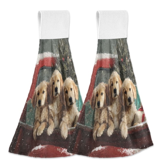 2PCS Velcro Hangable Hand Towels Quick-Drying Hanging Kitchen Towels for Kitchen & Bathroom Cute Dog and Red Truck