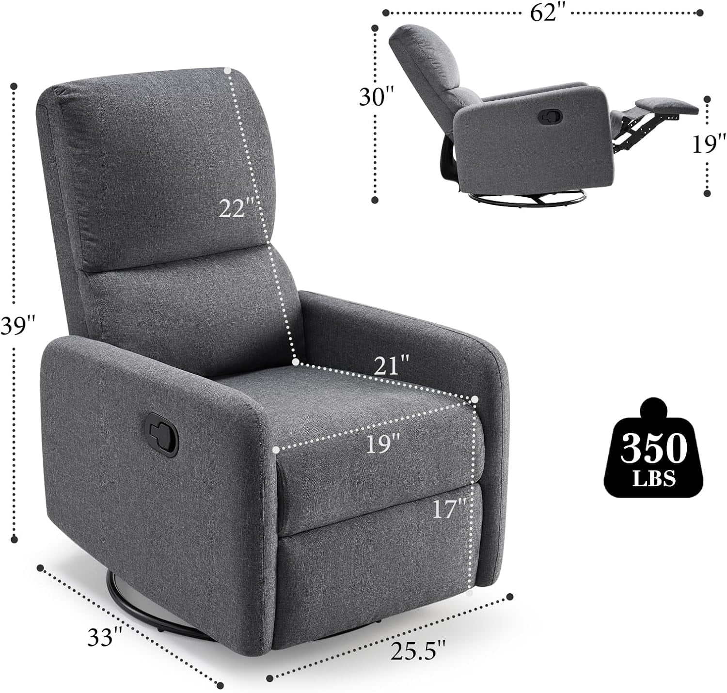 Jocisland Swivel Glider Rocking Recliner Chair for Adults, Nursery Rocker Reclining,  Upholstered Single Sofa Armchair for Living Room Bedroom Nursing, Linen Gray