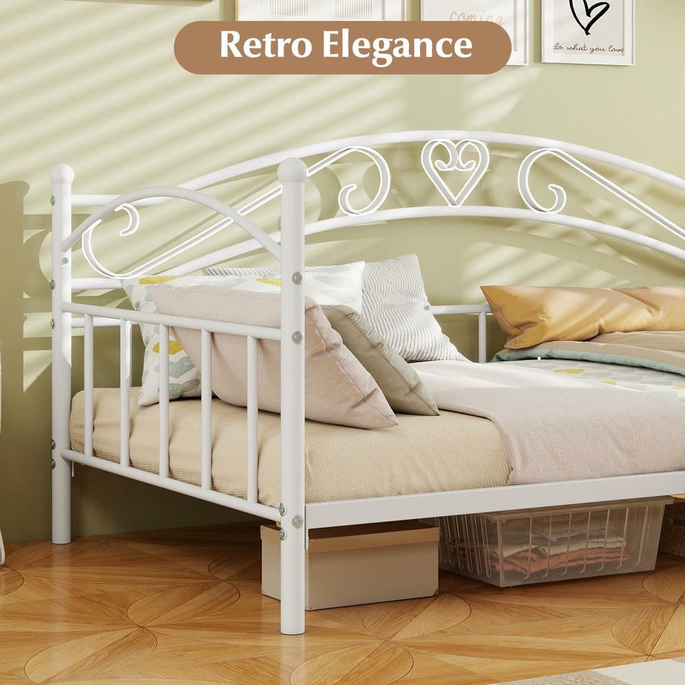 Barara King Twin Size Metal Bedroom Trundle Bed Frame with Headboard, Bed Platform Frame for Bedroom, Apartment, White