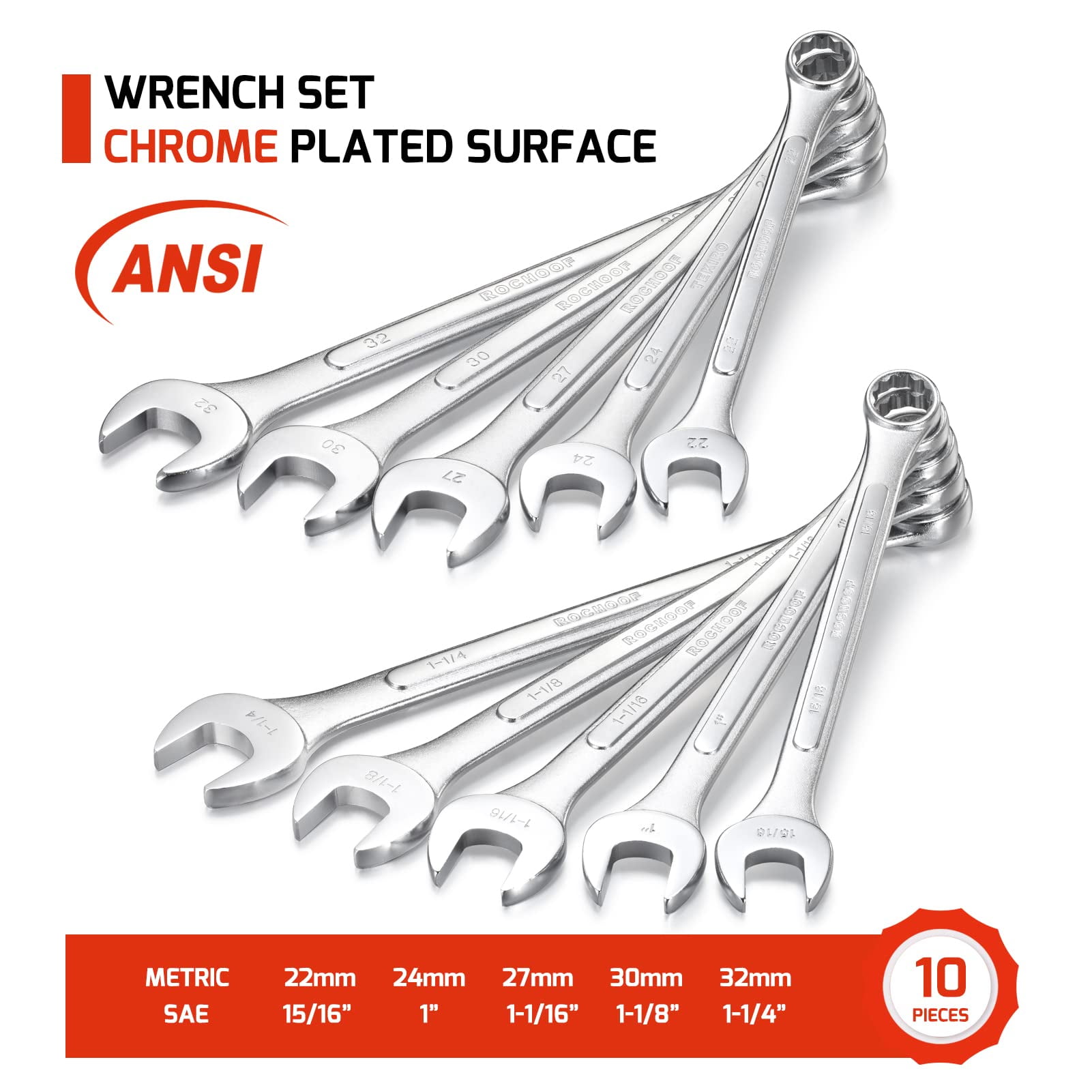 Combination Wrench Set,10-Piece SAE & Metric Wrench Set 12-Point Chrome Vanadium Steel Wrenches 22mm-32mm and 1" to 1-1/5" with Rolling Pouch