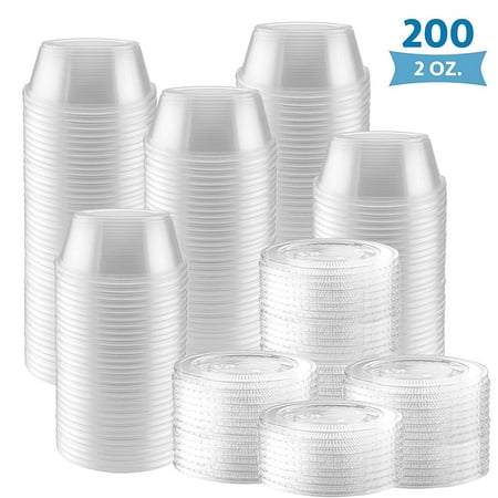 200-Pack of 2 Ounce Clear Plastic Jello Shot Cup Containers with Snap on Leak-Proof Lids –Jello Shooter Shot Cups -FDA-Approved -Compact Food Storage for Portion Control, 2 oz,Sauces, Liquid,