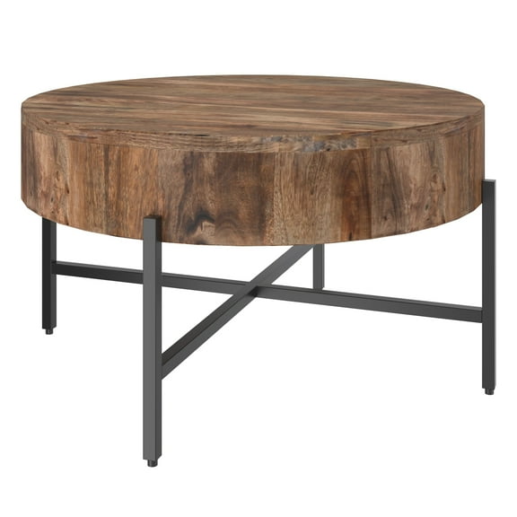 Contemporary Home Living Natural Mango Wood Round Coffee Table - 33" - Brown and Black